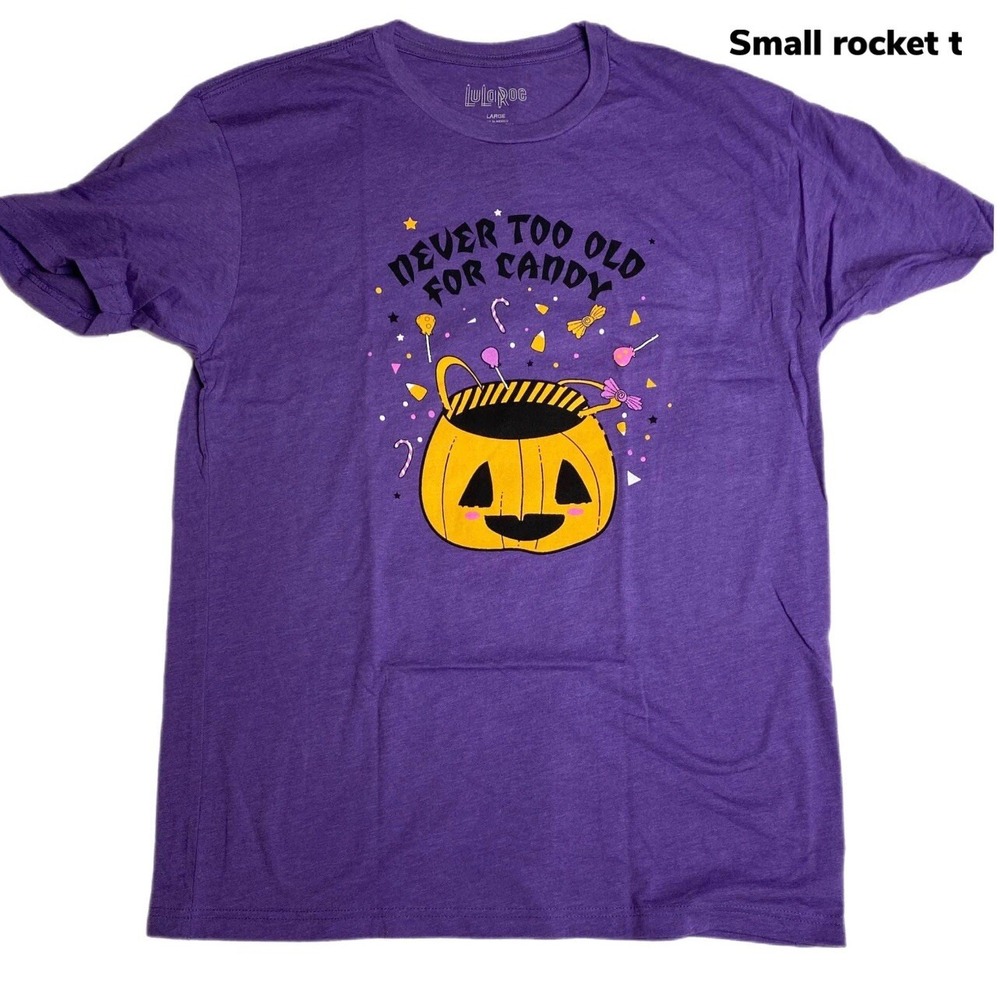 Small LuLaRoe ROCKER T Halloween Never Too Old For Candy Fits 6/8 Cotton RARE